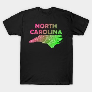 Colorful mandala art map of North Carolina with text in pink and green T-Shirt